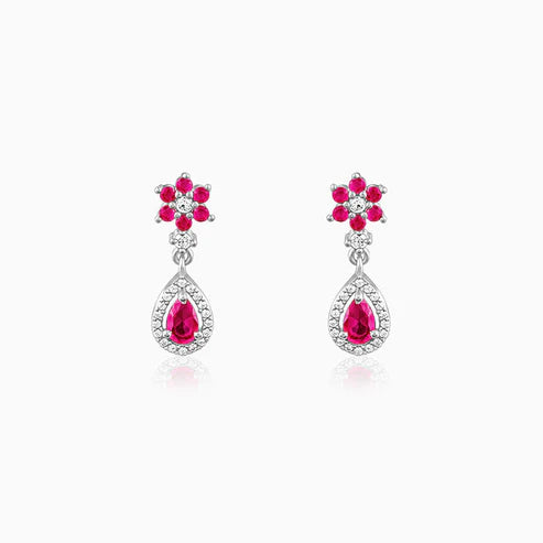Silver Pink Flower Mini Drop Earrings